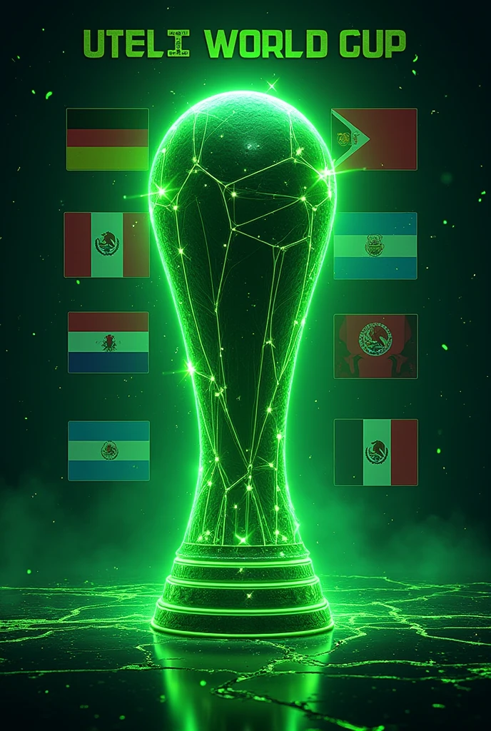 Create a flyer showing the expectation of a new World Cup where the trophy and the flyer have a neon green color , The World Cup is called UTEL and it is in September with the flags of the countries of Germany, colombia, argentina , Mexico, France,  Put the title of the World Cup and the month in Spanish


