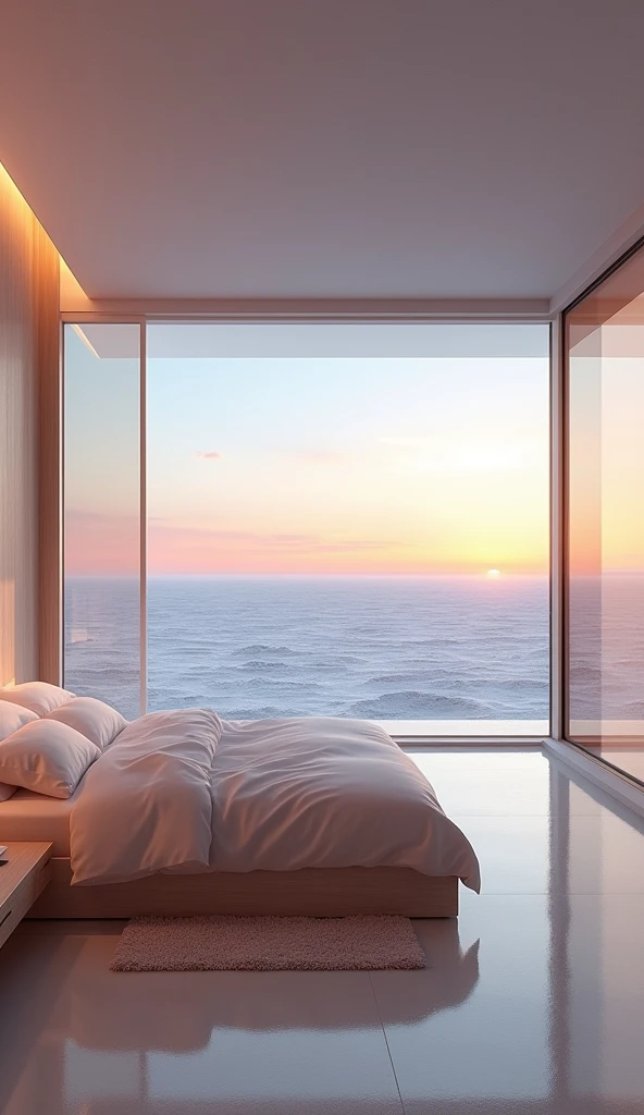 A minimalist bedroom with a panoramic view of a vast salt flat, where the ground mirrors the colorful sunrise sky. The horizon seems endless, with subtle reflections of pink, orange, and blue stretching as far as the eye can see. The room has sleek, modern furnishings with soft textures, light wood, and glass accents that reflect the surreal, dream-like landscape outside, creating a space that feels both expansive and calm.