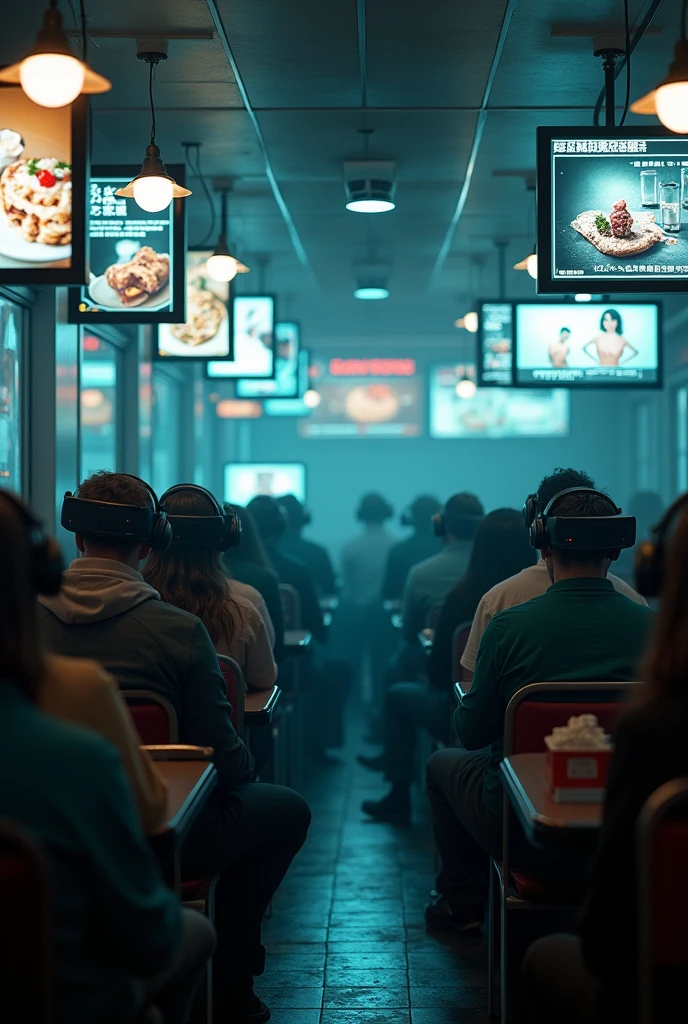 Concept: A congregation of people seated in a fast-food restaurant, each person with a headset on, connected to their own screen showing images of fast food, pornography, and shopping sites. They’re all oblivious to each other, immersed in their individual experiences of consumerism and pleasure.