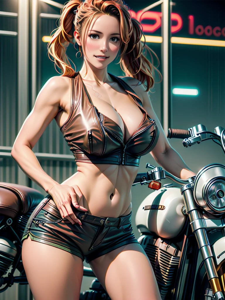(cowboy shot), (Perfect Anatomy, top-quality, The ultra -The high-definition, high resolution, extremely detailed CG, 8K Unit Wallpapers), 2 lady, solo, (beautiful detailed eyes), russet hair, long wavy hair, blunt bangs, (expressive heart shaped face), (deep blue eyes:1.3), ((wry smile)), (giant breasts, statuesque slender body, athletic), gleaming skin, oily skin, (punk fashion, leather jacket, Tank top, micro shorts), (drive a motorcycle,Harley-Davidson), on road, Tokyo, at night