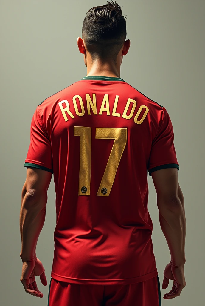 CR7 from the back with his number but not his name he must have a gold jersey 
