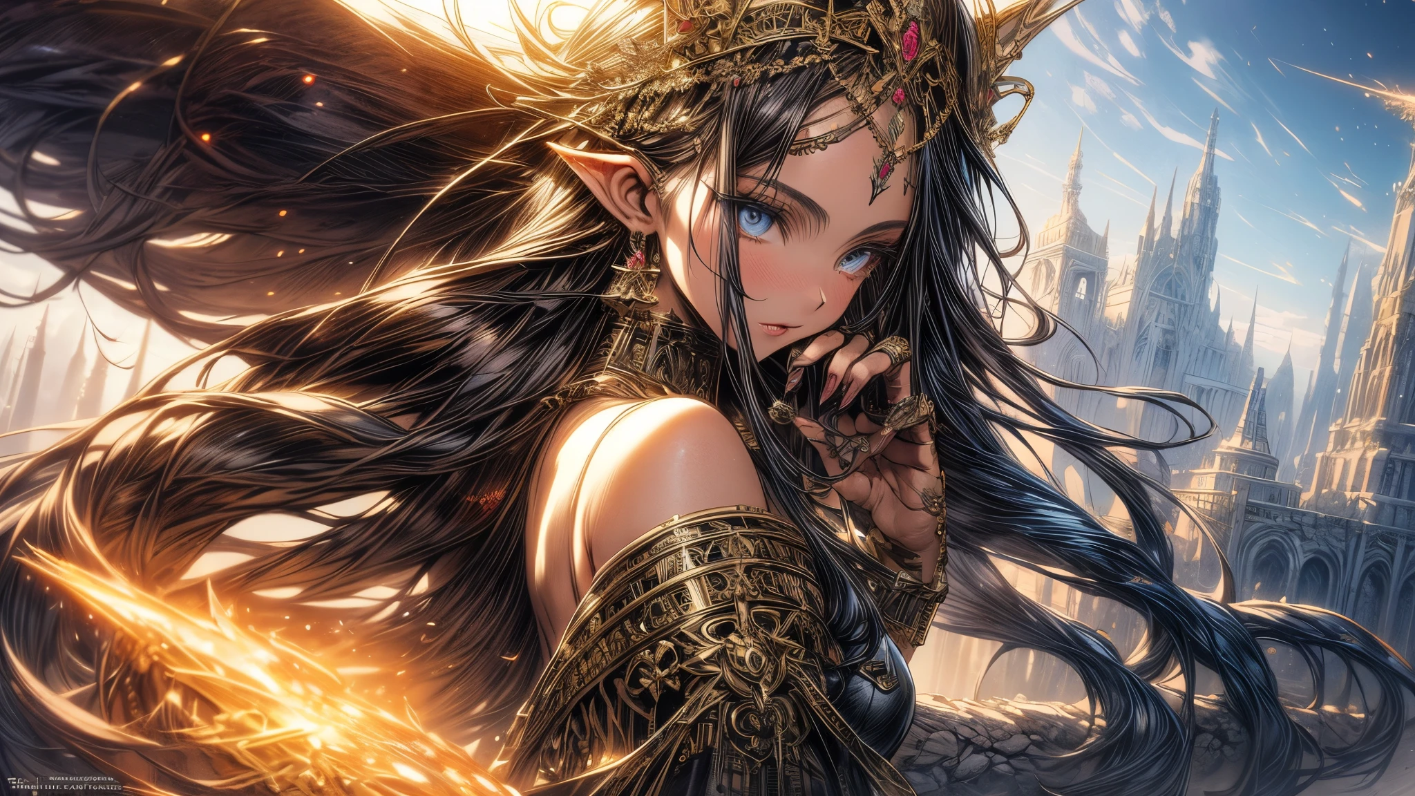 A hyper-maximalist fantasy scene featuring an intricately detailed elven girl with wide curves and a stunningly detailed face, set against a vibrant, magical background, in a digital painting style luis royo.