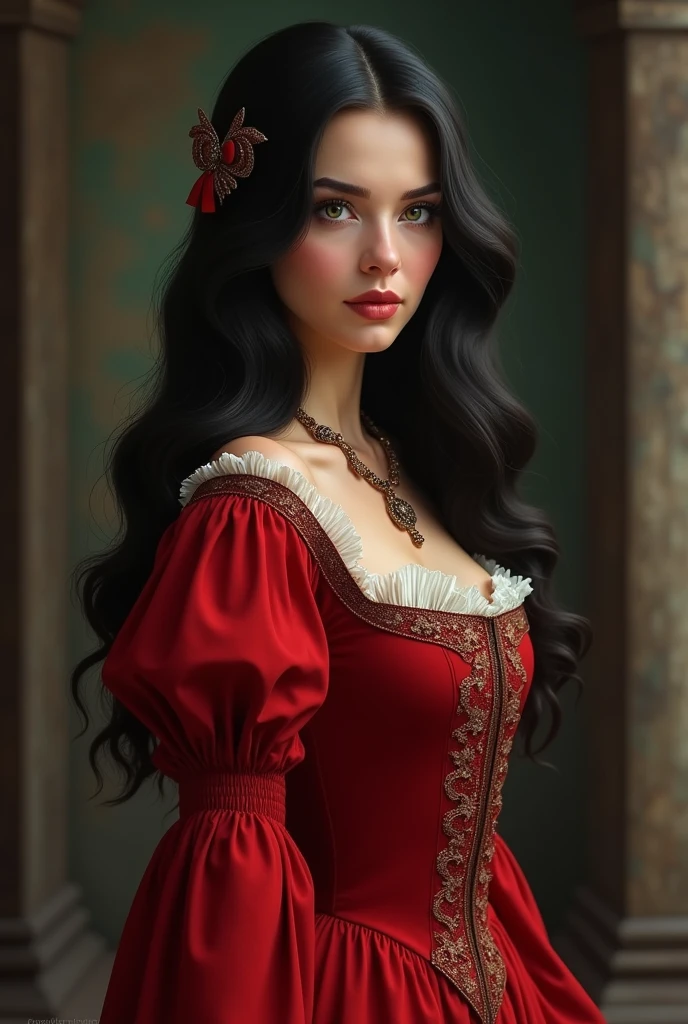 A beautiful, dark-haired woman with green eyes wearing a red dress around 1472