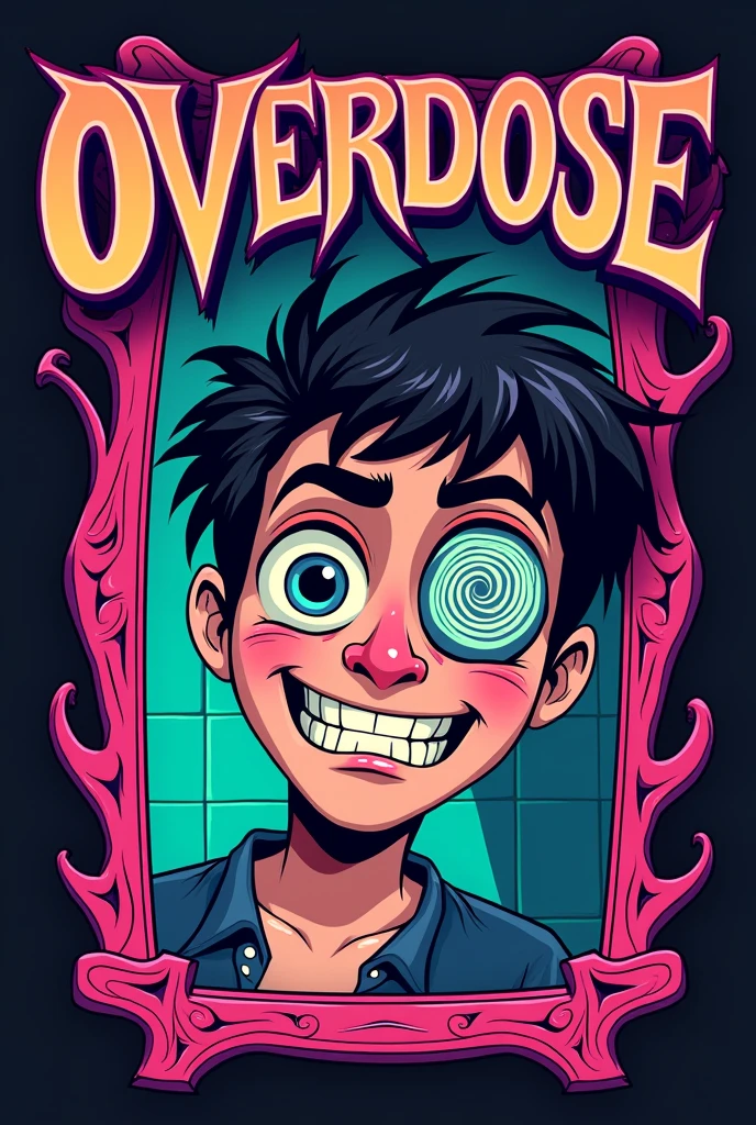 Create a logo for my rock band, band name is "overdose" I want your color palette to be very colorful with the colors standing out: Pink, cerulean, purple, red and green. By the name try for a more psychedelic effect. I want one in the bathroom looking at his eye in the mirror worried about an illicit drug overdose, There is a spiral in his eye, he has a happy face with a smile with pointy teeth