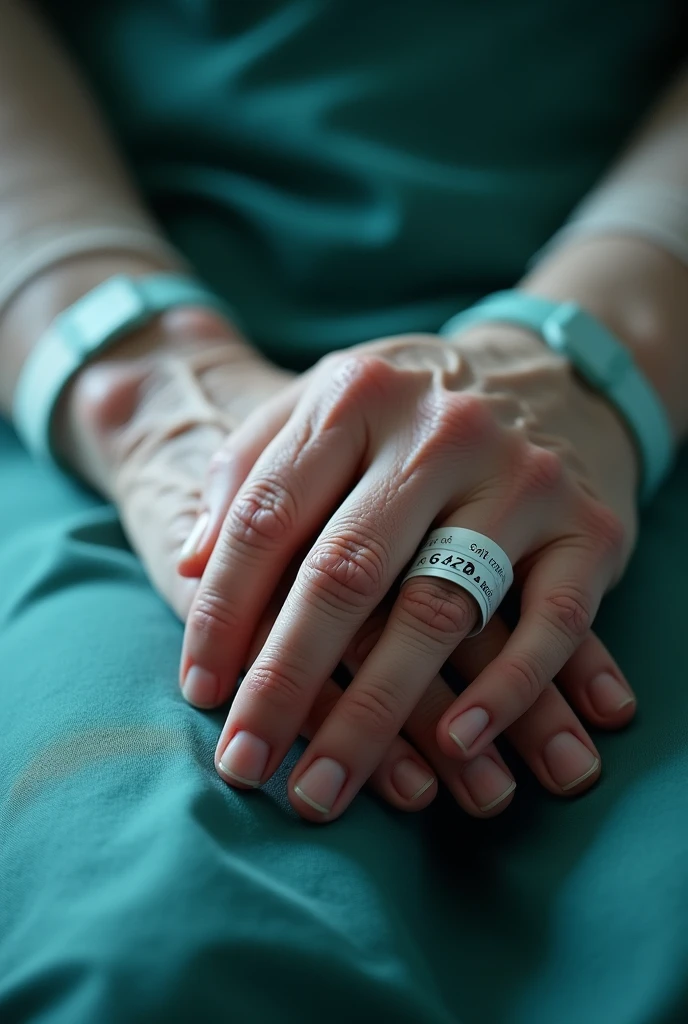 Patient identification bracelet, hands with bracelets on