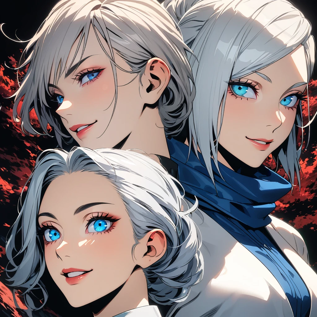 ultra detailed, High resolution, HdR, absurdities, women, White hair, long, wavy, blue eyes, steal with style, piercing, women atractivo, Extremely pretty and very detailed eyes, Tender smile, Jujutsu Kaisen