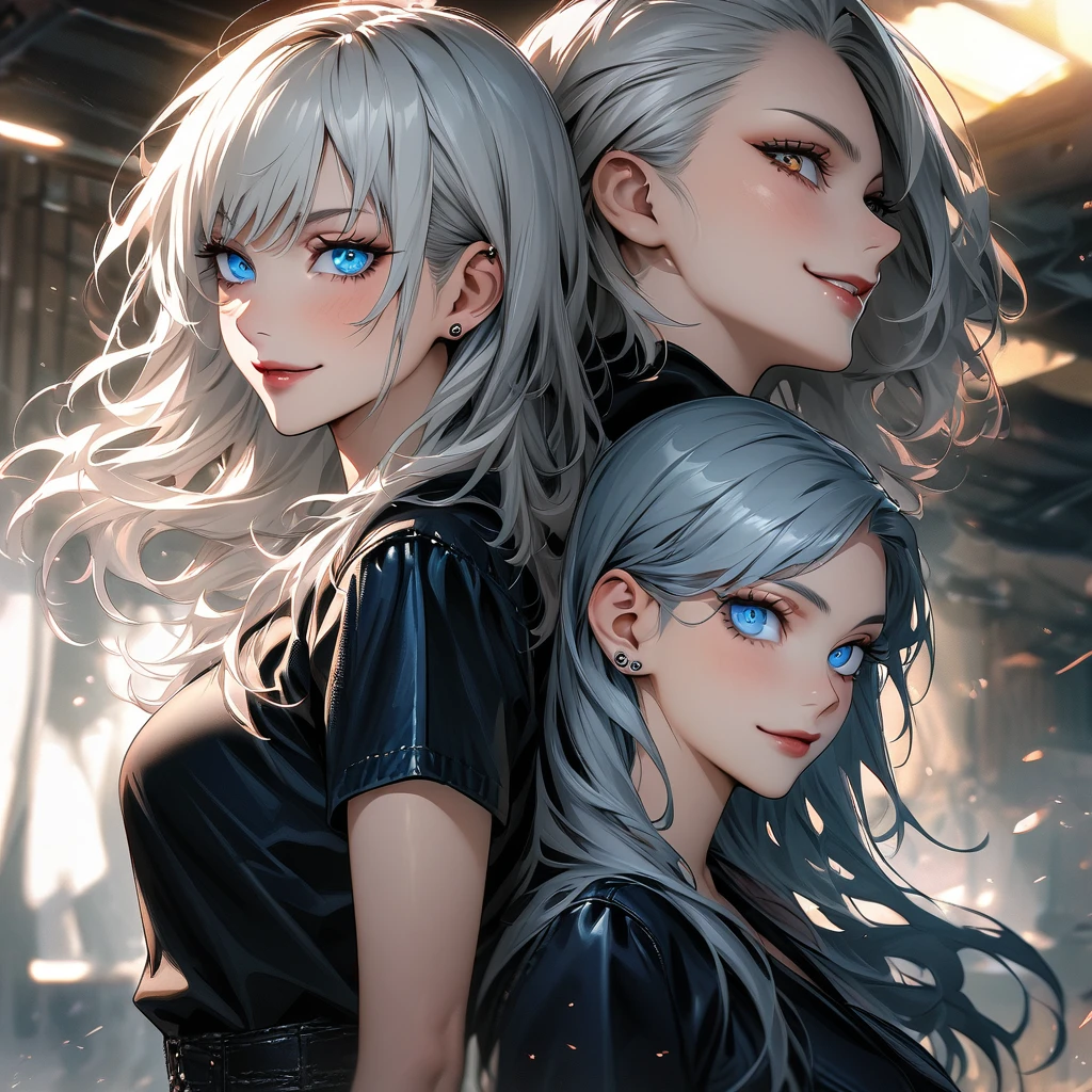 ultra detailed, High resolution, HdR, absurdities, women, White hair, long, wavy, blue eyes, steal with style, piercing, women atractivo, Extremely pretty and very detailed eyes, Tender smile, Jujutsu Kaisen
