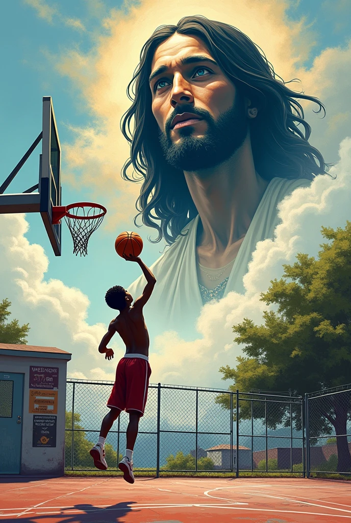 create a graffiti style image, na horizontal, of a black teenager, Scrawny, playing basketball and making a basket on a school court, and the face of Jesus in the background coming out of the sky, looking at this teenager