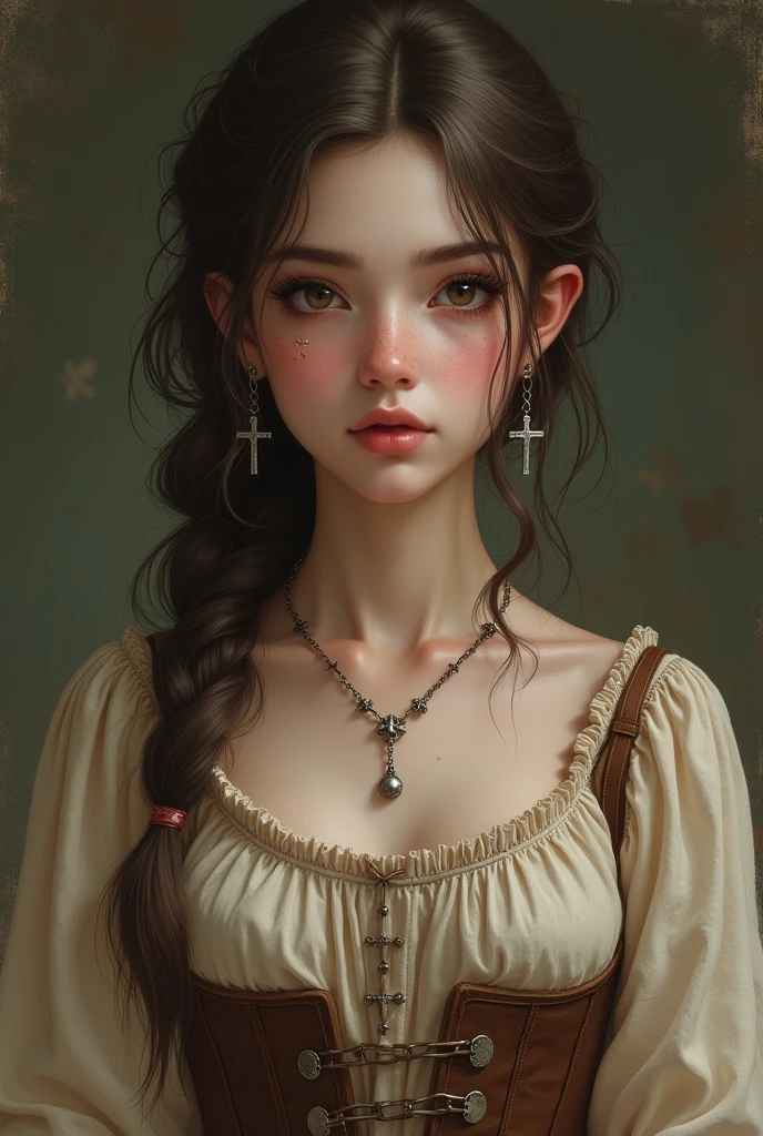 Create me as a character. I am a non-binary person. Tenho 1,60 tall. I have brown hair like a boy. the hair is parted in the middle, bent back. My eyes are light brown, I have fair skin. I wear 2 piercings in my nose and 3 in my mouth and silver earrings in the shape of a cross.. I wear a very peasant beige dress with a brown corset. I am 2 and I have dark circles under my eyes. 