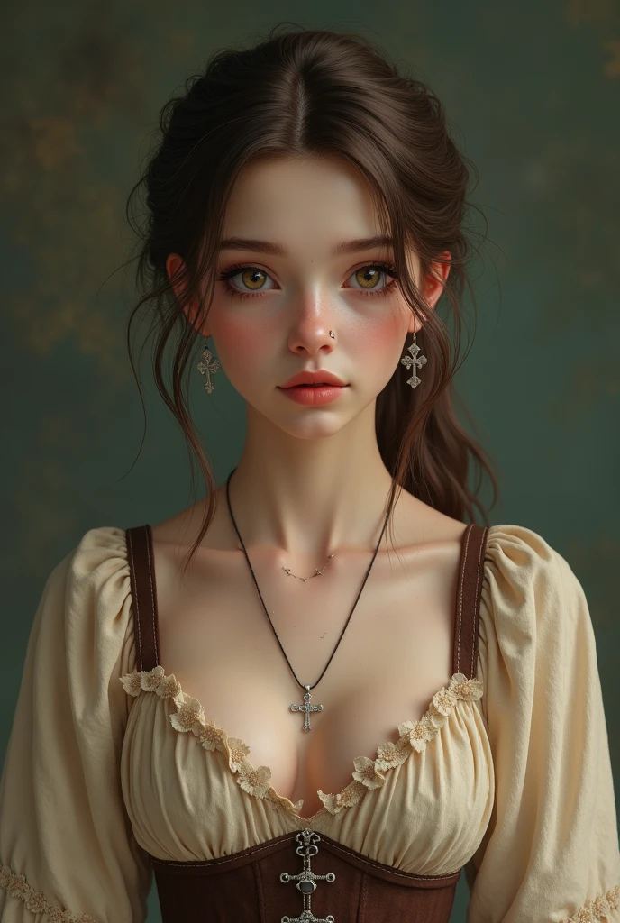 Create me as a character. I am a non-binary person. Tenho 1,60 tall. I have brown hair like a boy. the hair is parted in the middle, bent back. My eyes are light brown, I have fair skin. I wear 2 piercings in my nose and 3 in my mouth and silver earrings in the shape of a cross.. I wear a very peasant beige dress with a brown corset. I am 2 and I have dark circles under my eyes.