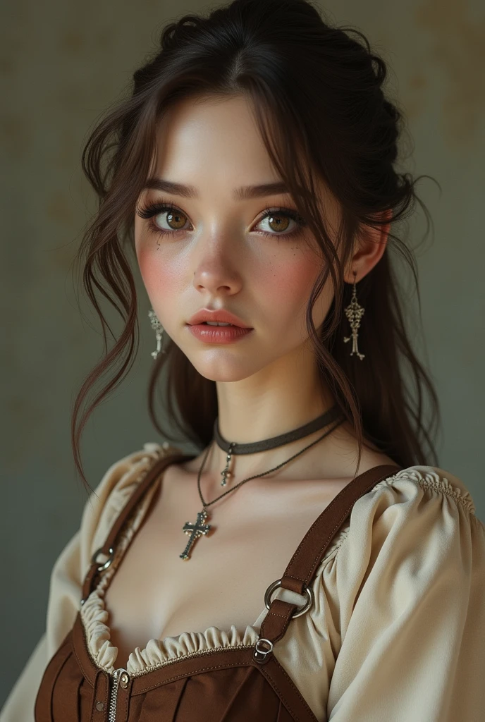 Create me as a character. I am a non-binary person. Tenho 1,60 tall. I have brown hair like a boy. the hair is parted in the middle, bent back. My eyes are light brown, I have fair skin. I wear 2 piercings in my nose and 3 in my mouth and silver earrings in the shape of a cross.. I wear a very peasant beige dress with a brown corset. I am 2 and I have dark circles under my eyes.