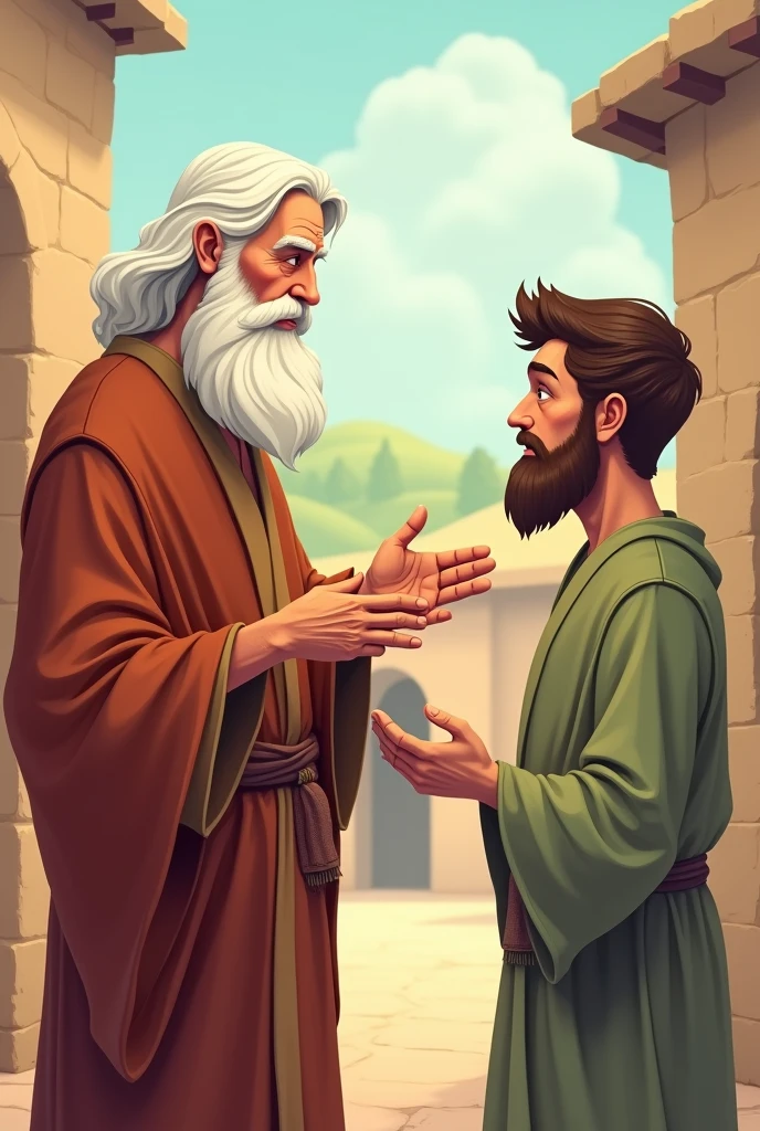 Image of man advising another from the bible cartoon 
