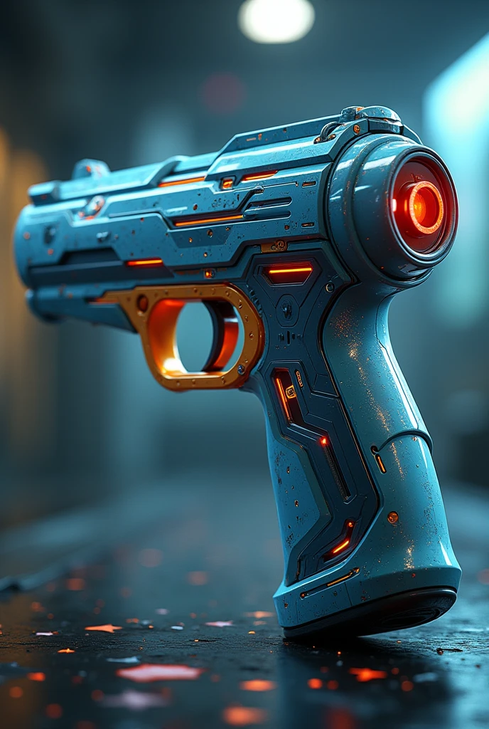 Create a weapon based on the weapon from the game Portal; but mixed with futuristic weapon concepts, made with aerogel and consisting of holographic colors, a digital trigger system and a thermal sight for sights.