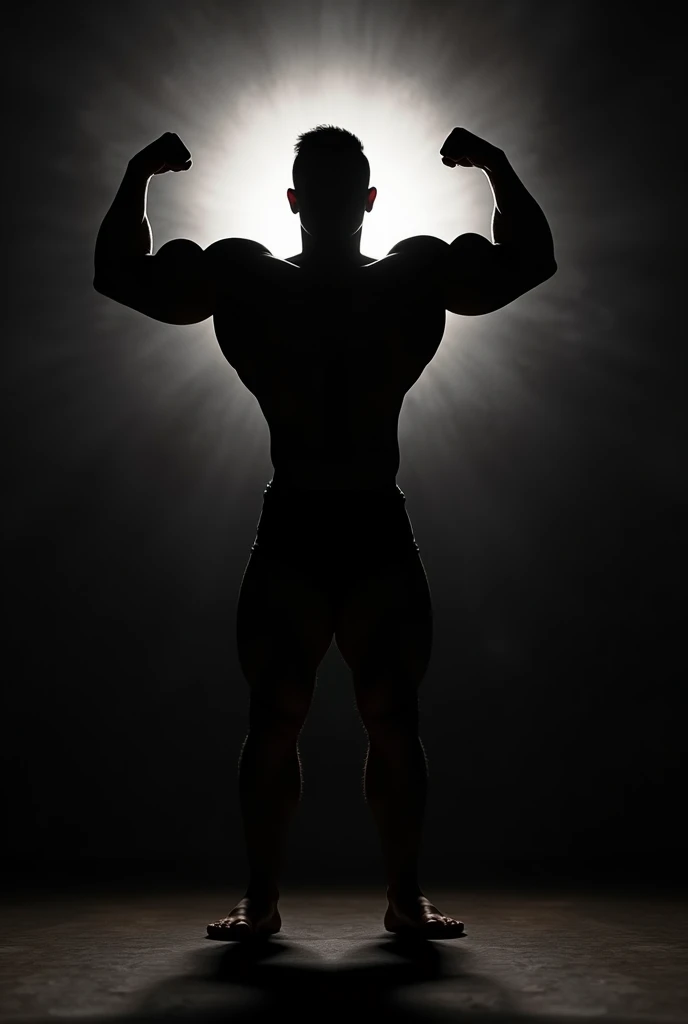 Make an image for a TikTok account with the bodybuilder theme. In which a shadow of a bodybuilder appears doing double biceps on his back
