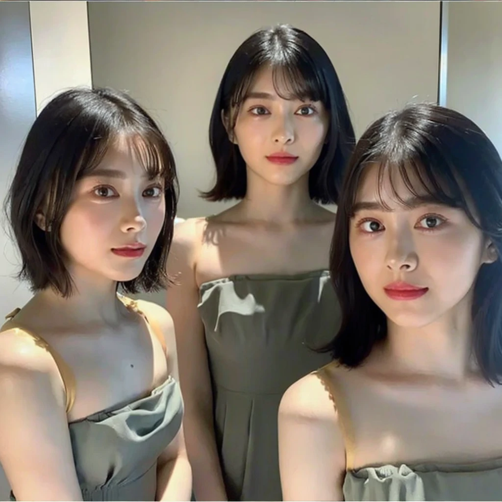 ((Highest quality, 8K, masterpiece:1.3)), concentrated:1.2, Beautiful woman with perfect figure:1.4, Stick your butt out:1.2, ((Cut your hair in layers:1.2)), (Medium sized breasts),(Bandeau dress:1.5), Highly detailed face and skin texture, Detailed eyes, double eyelid，Whitening the skin，Long white hair,(Keep your mouth shut:1.3)，smile, portrait photos,
(((cloned face)))
(((similar identical twins)))
All the girls have the exact same face, The two have the same face and figure, as if they were mirror images