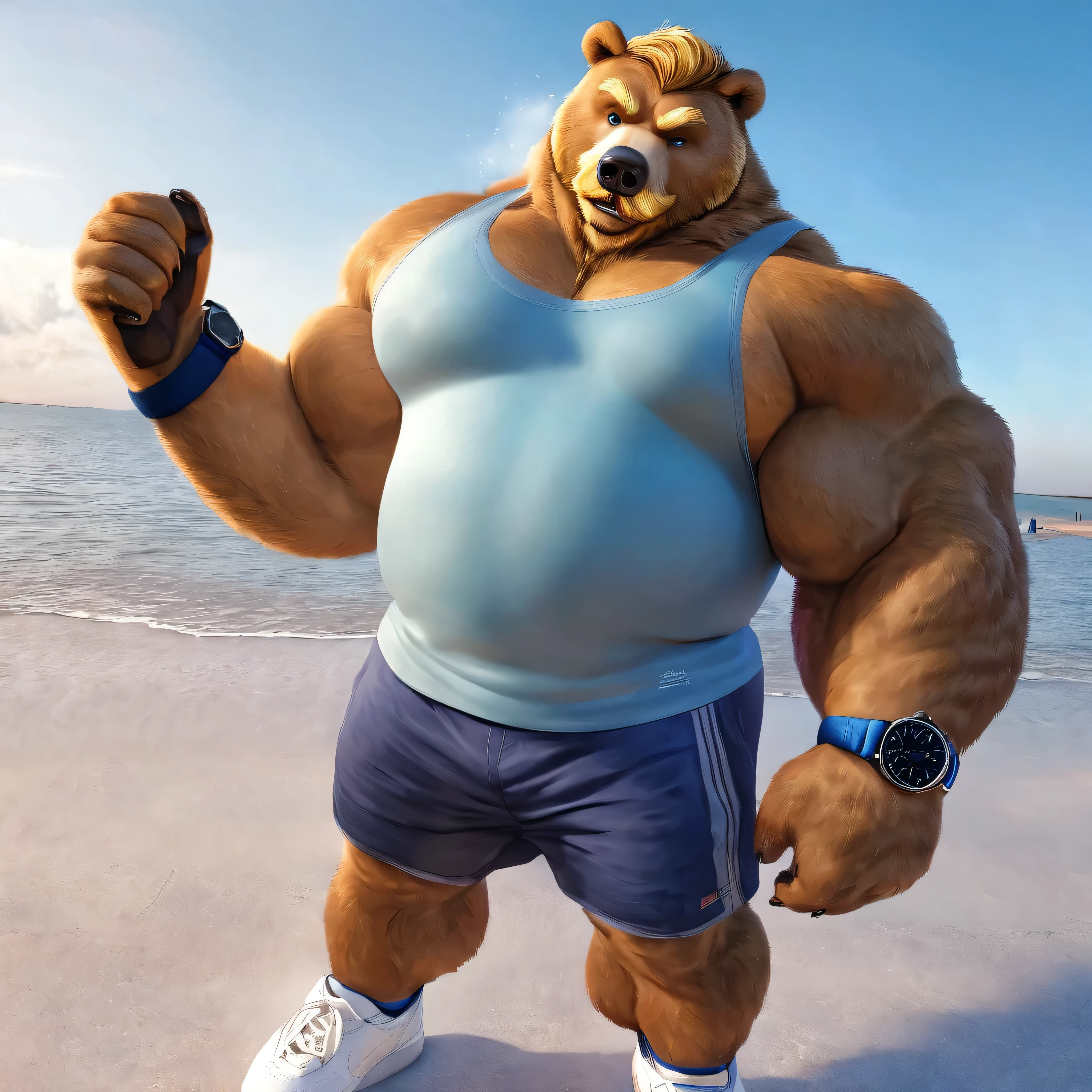 huge muscular Eurasian brown bear in St. Petersburg beach, big smirk, light Eurasian bear, huge light brown fur, thick arm, huge arm, golden mustache, short Golden hair and beard, (muscular, pectoral, wide pectoral, thick arms), realistic, 8k, masterpiece, detailed golden eyebrows, detailed eyes with blue pupils, (wearing dark blue shorts, wristband, watch, light blue tank top and white shoes), vibrating and bouncing his pecs like a drum