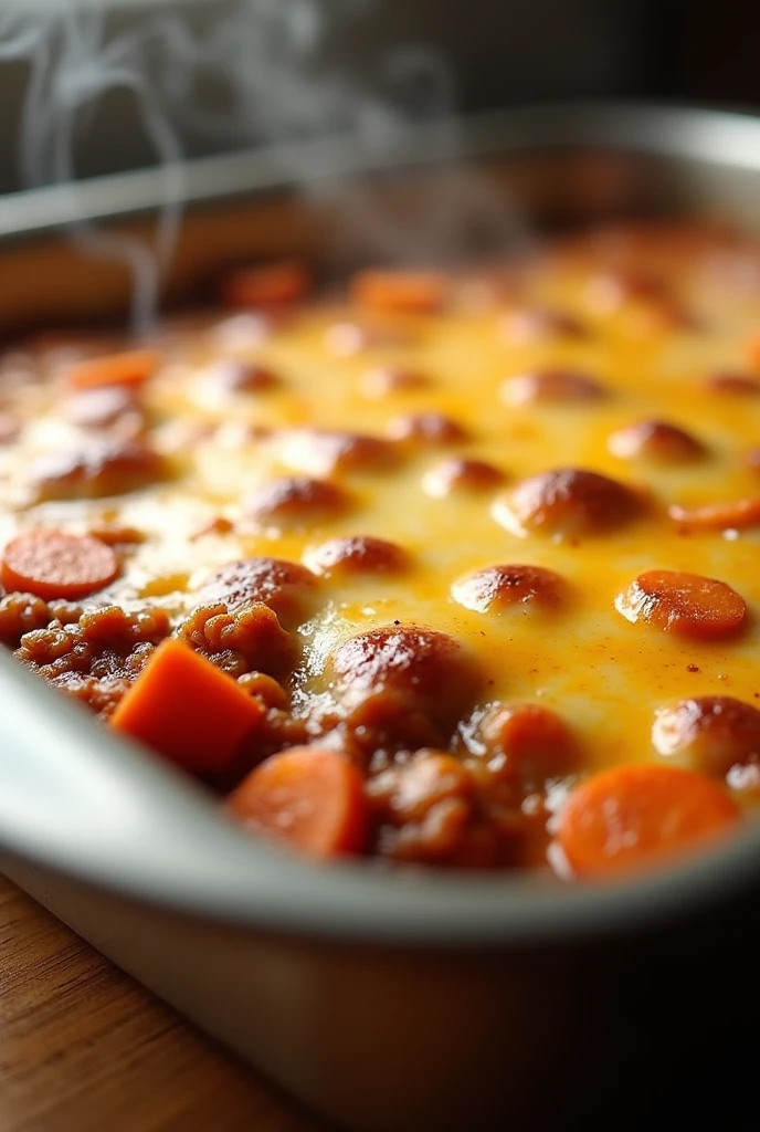 A close-up, slightly angled shot of a delicious, bubbling hot low-carb casserole fresh from the oven. The casserole, featured in a stainless steel baking dish, consists of tender roasted carrots, diced kohlrabi, and savory ground beef, all bathed in a rich, flavorful sauce and topped with a generous layer of perfectly melted, golden-brown mozzarella cheese.
Lighting: Soft, warm lighting from above illuminates the casserole, highlighting the glossy sheen of the melted cheese and the vibrant colors of the vegetables. The light creates gentle shadows in the crevices of the dish, adding depth and texture.
Composition: The casserole dish is positioned slightly angled, creating a dynamic and inviting composition. The focus is sharp on the cheesy topping, with a shallow depth of field subtly blurring the edges of the dish and the background.
Details:
Emphasize the appealing texture of the dish: the bubbly cheese, the tender carrots and kohlrabi, and the browned ground beef.
Capture the steam gently rising from the casserole, conveying the sense of a warm, comforting meal.
Ensure the color accuracy of the dish: golden-brown cheese, light brown ground beef, bright orange carrots, and creamy white kohlrabi.
Style: Photorealistic, with a focus on food photography aesthetics. Aim for a high-resolution image with exceptional detail and clarity.
Keywords: Low carb casserole, carrot casserole, kohlrabi casserole, ground beef, carrots, kohlrabi, mozzarella cheese, melted cheese, bubbling hot, stainless steel baking dish, wooden countertop, warm lighting, shallow depth of field, steam, delicious, comforting, home-cooked meal