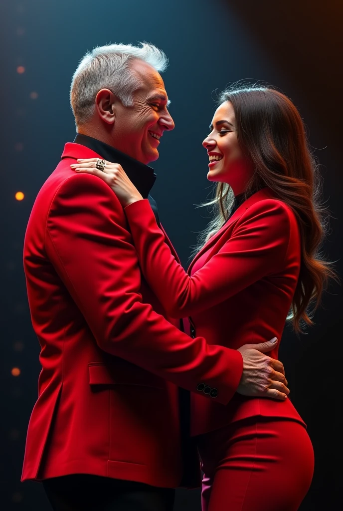 Male and female singers wearing red jackets