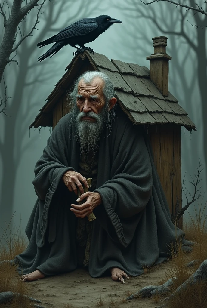 Sad Old Baba Yaga in a hut on chicken legs gnaws a bone A black raven sits on the roof