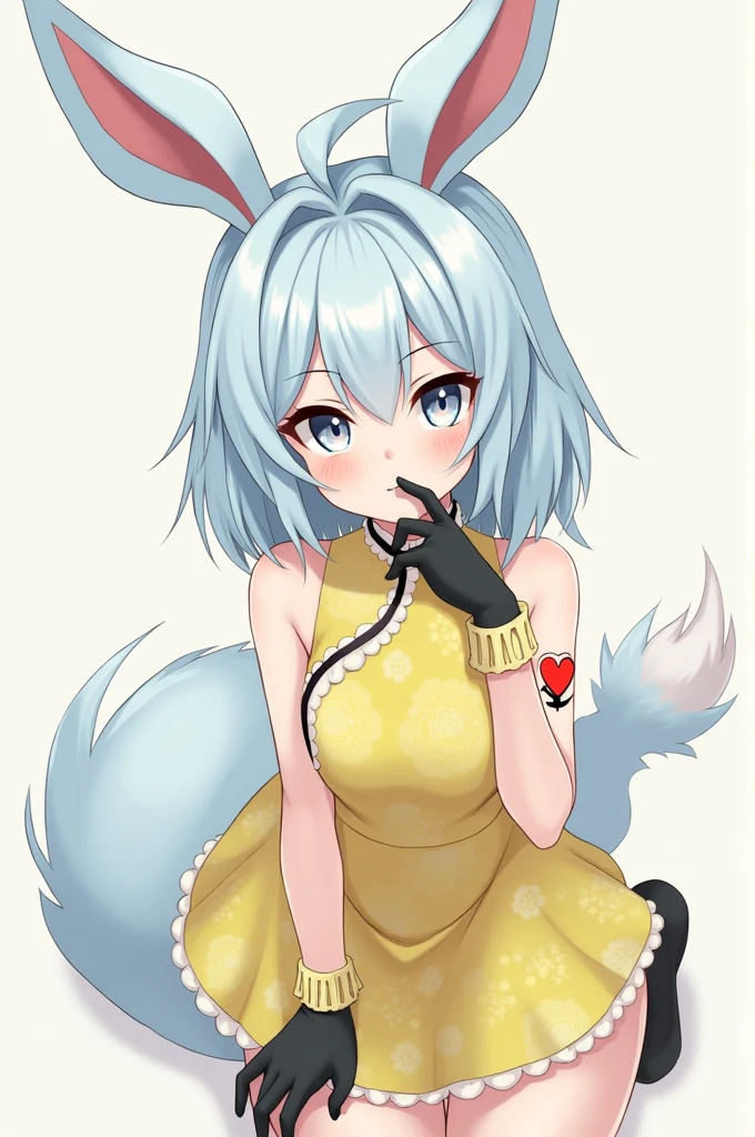 Pale blue hair down to her chest, short bangs, and voluminous bunny ears with antennae that reach down to her mouth.、The color of the tail is skin color, the rest is human, the eyes are round and droopy, the eyebrows are slanted, the right arm has a red heart and crescent moon tattoo, the yellow patternless Chinese dress, the wrist-length black gloves, the eye color is the same as the hair color porno din ropa