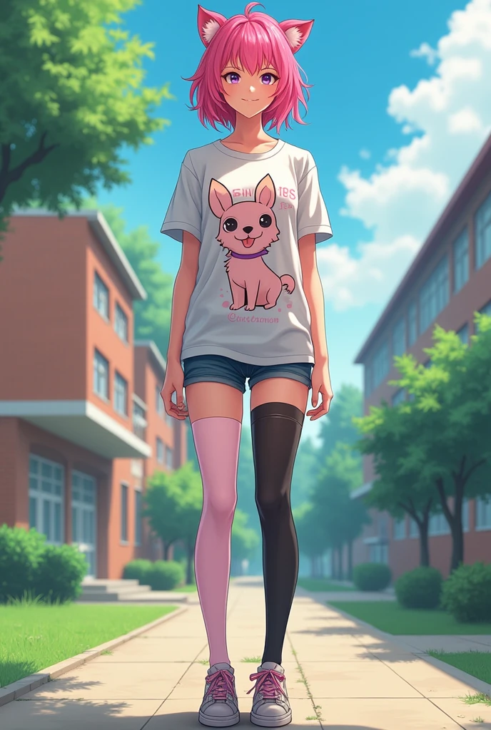 a femboy, boy, in stockings, in women&#39;s panties, in a t-shirt with a picture of a furry boykiser, stands at school, full body