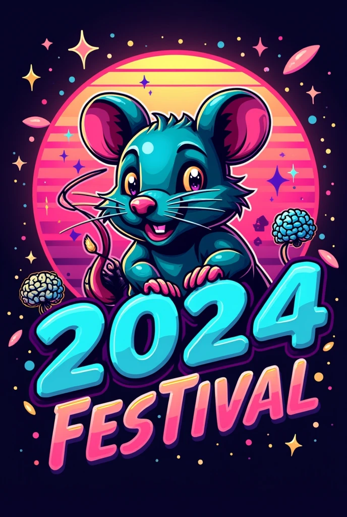 A logo for a festival that includes the cathartic name 2024, which is from the psychology course, que incluya tematica de los 80's retro disco y una mascota adorable que es una rata "conditioned" and elements of psychology such as the psychology logo, brainiacs, y ratitas siendo conditioneds