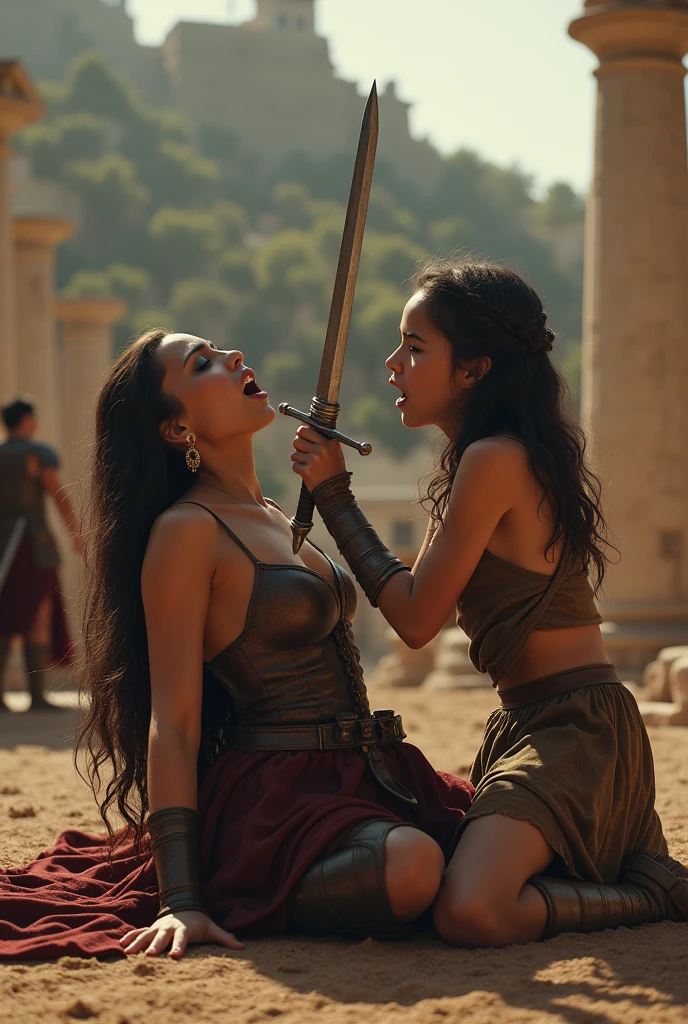 Realism, super quality, action battle photo style, defeated woman standing on her knees, her son is holding the the tip of the sword against woman's throat, stabbing her in the throat, her head is thrown back, woman has large masculine Adam's apple, (woman is a 30-year-old warrior, feminine face, throat cut, gothic makeup, pale skin, long hair) (son is 12-years-old) ancient Greece fight