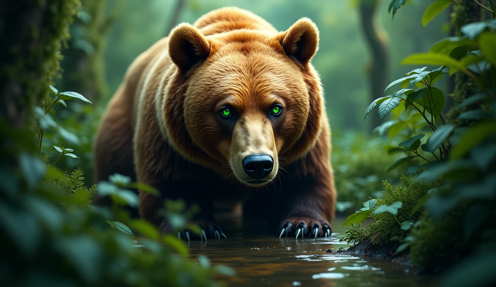 bear captured in a lush green jungle, the bear is in the middle of the photo, lively gaze, with a reflection of water. longing shot, head down and looking straight ahead, the bear's fur is a bright, with a lively gaze and striking green eyes. The image is sharp and detailed, creating a sense of depth and focus on the bear, breathtaking images, high definition. (ultra realistic) extreme details, (best quality, 4k, 8k, high resolution, masterpiece: 1.5)
