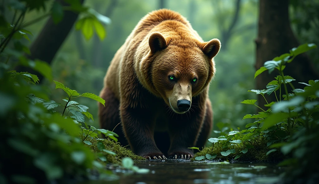 bear captured in a lush green jungle, the bear is in the middle of the photo, lively gaze, with a reflection of water. longing shot, head down and looking straight ahead, the bear's fur is a bright, with a lively gaze and striking green eyes. The image is sharp and detailed, creating a sense of depth and focus on the bear, breathtaking images, high definition. (ultra realistic) extreme details, (best quality, 4k, 8k, high resolution, masterpiece: 1.5)