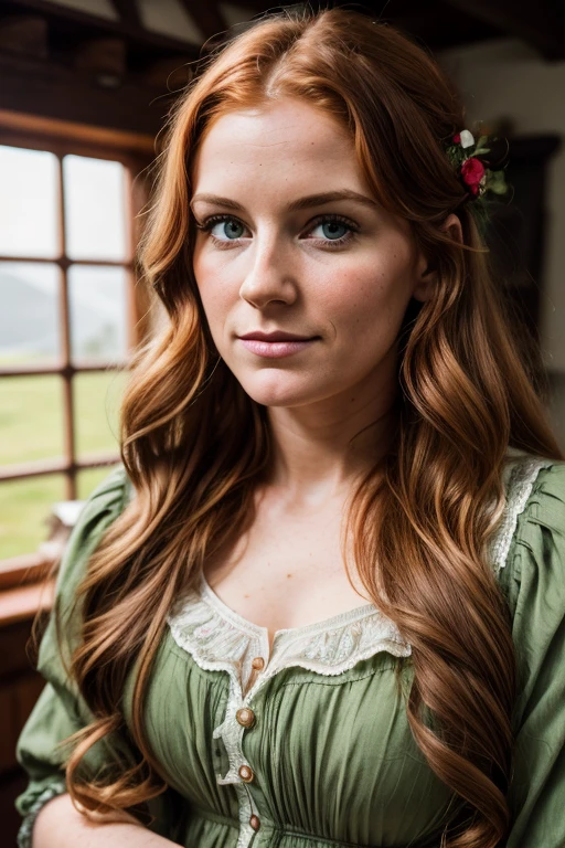 Medium view, of young aged, 30 year old, milf, irish woman, face portrait, irish features,long hair, ginger hair, 1800s hair style, 1800s clothing, in cozy fjord home 1800s, sweaty