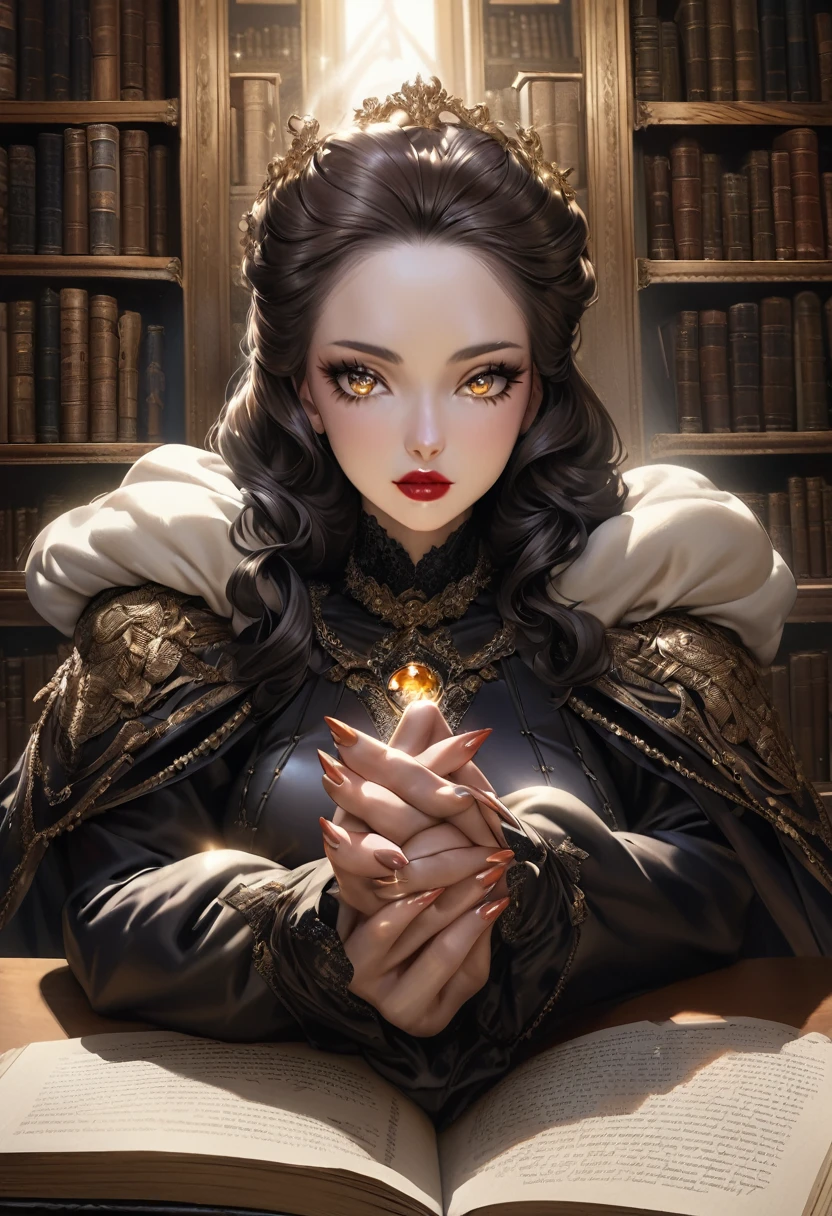 Grand black stepmother manifests as governess clad in high-fashion, silky, elegant fully covered attire with high neckline, pearl embellishments, and long sleeves, having a celestial aura, Victorian study background filled with dark mahogany, looming bookshelves, antique desk, open book, manipulative gaze toward underlings, vintage books, soft diffused lighting, chiaroscuro technique, ultra realistic, shining glamorous lipstick, sparkling, hypnotizing eyes, kind and passionate gaze, kind-hearted lady, four fingers and a thumb in each of hands and sexy polished fingernails, realistic, very big curvious bosoms