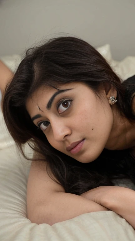 extreme close body photo of pranitha, seductive eyes, look at viewer and subtle smile, glossy lips, seducing on bed, night wear,, (photorealistic:1.4), intricate details, selfie style