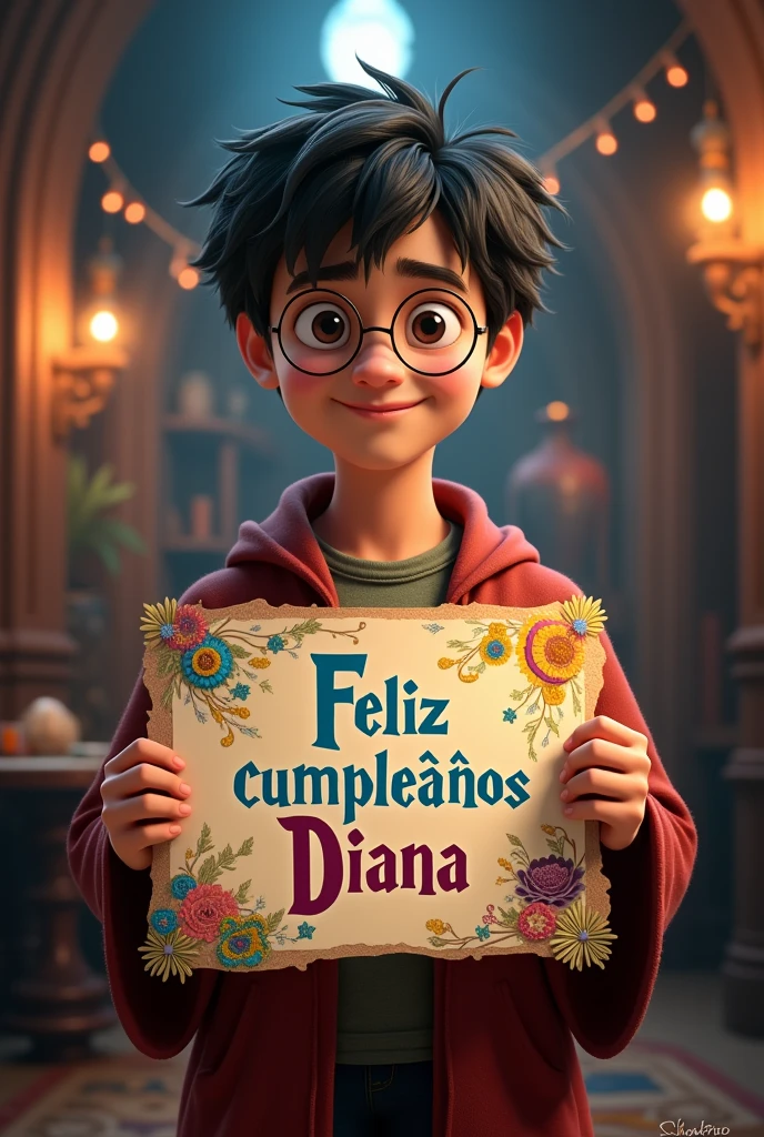 Harry Potter holding a poster whit the text "Feliz Cumplaños Diana"