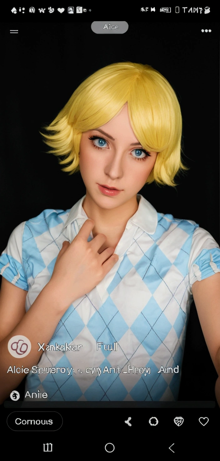 arafed photo of a femboy with a yellow wig and blue eyes, anime cosplay, professional cosplay, cosplay, alice from alice in wonder land, realistic cosplay, anime femboy cosplay, anime inspired, looking like annie leonhart, cosplayer, xqc, anime character; full body art, glamourous cosplay, full-cosplay, ann takamaki from persona 5