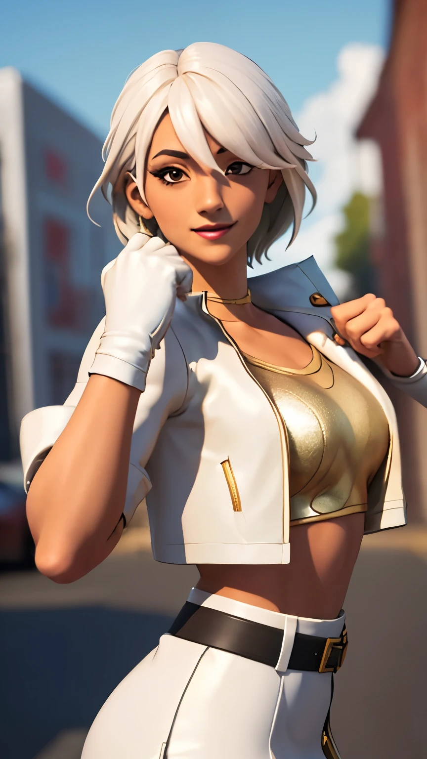 City background, 1girl, solo, AphroditeFN, Aphrodite from fortnite, (crop top, gold top, open clothes), (jacket crop top, white jacket, jacket loose, one short sleeve, one long sleeve), fingerless gloves, white skirt, miniskirt, belt, white hair, short hair, lipsticks, smile, heart, upper body, looking at viewer,