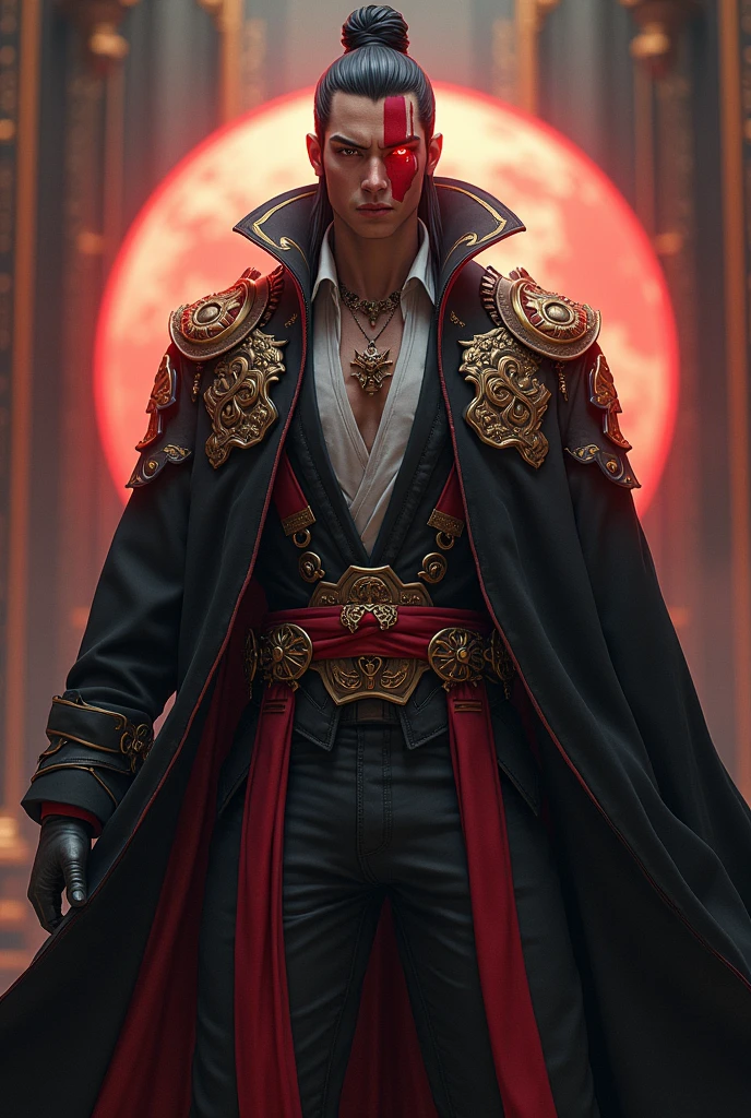 man , Modern Emperor Outfit with the Rinegan and Sharingan , of Russian descent