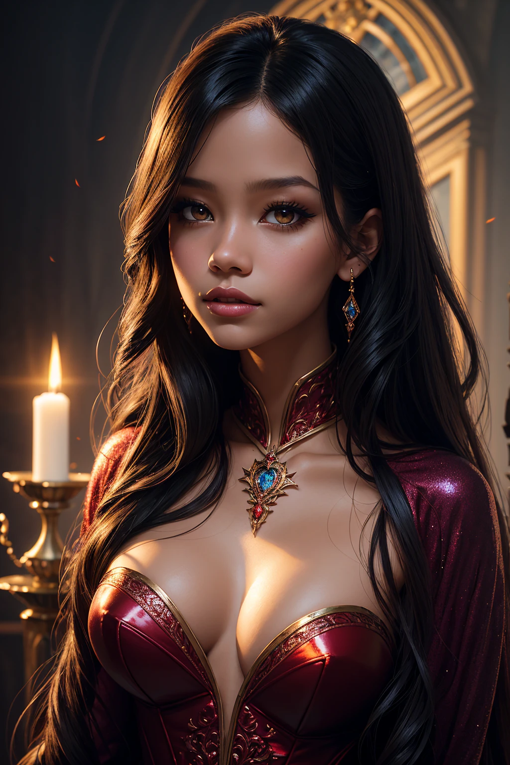 portrait Jenna Ortega, wearing sexy vampire outfit, in a coffin, 6 0 3 0 s, curly hair, intricate, elegant, highly detailed, digital painting, artstation, concept art, smooth, sharp focus, illustration, art by thomas kindkade, charlie bowater, artgerm, greg rutkowski, alphonse mucha and alexandra fomina, 36k, glittering, shining