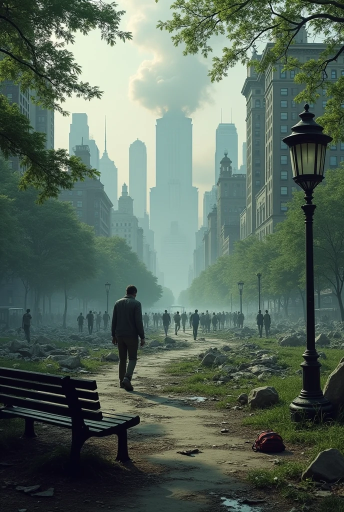 City in a zombie apocalypse seen from a central park