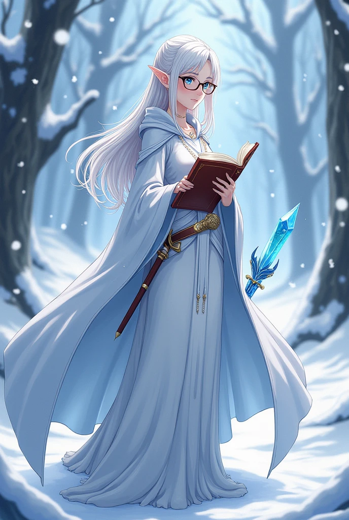 Create an pallid elf woman named Weiss Winterfall. She is a 1 girl with long white hair, snow-pale skin, icy blue eyes, and glasses. She is also a Chronurgy wizard who wields a crystal dagger on her side. She also has an open spellbook in her right hand and a crystal blue wand in her left. Weiss also lives in a country full of snow and ice. Draw her in the Yamada and the seven witches anime style.
