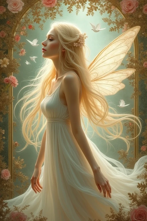 Créez un tableau numérique hyper réaliste d'une fée aux cheveux longs et blonds, habillée d'une robe blanche en soie. La fée devrait être dans une pose dynamique, capturée de profil, exsudant une aura surréaliste et fantaisiste. L'arrière-plan est complexe et texturé, avec des fleurs et des oiseaux brodés sur du vieux papier brûlé usé. La scène incorpore les styles artistiques d'Abigail Larson, William Turner et Carne Griffiths, mélangeant leurs approches uniques pour créer une atmosphère vivante, complexe et fantastique.