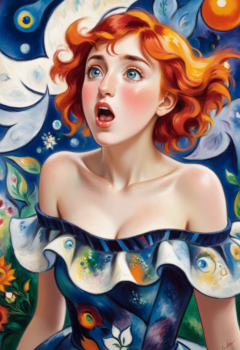 (embarrassed), red hair, orange hair, WeriArt Style, 1girl, blush, upper body, highly detailed eyes, hires, collarbone, frilled dress, open mouth ((The glitch effect)) ((Marc Chagall style)), magic naive art, primitivism, protogen, ((best quality, Masterpiece)), ((Highest detail)), RAW:1,1, 8k
