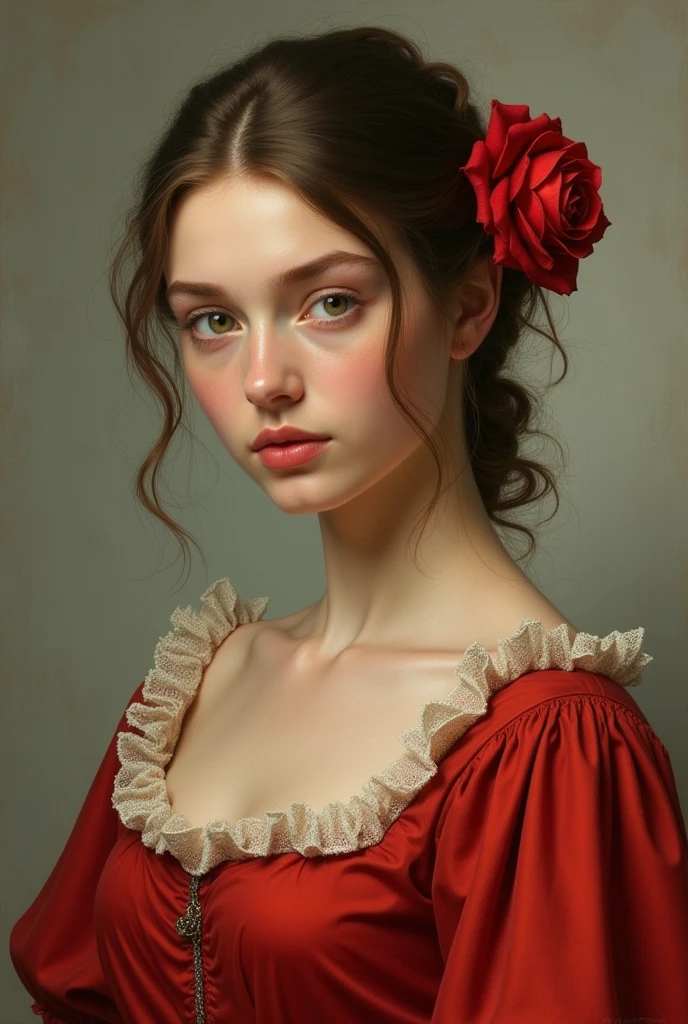 A beautiful brunette woman with light green eyes wearing a red dress around 1472 with a rose in her hair