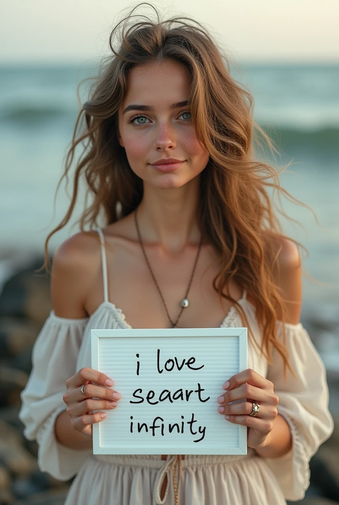 Beautiful girl with wavy long hair, bohemian dress, holding a white board with text "I Love Seaart Infinity" and showing it to the viewer