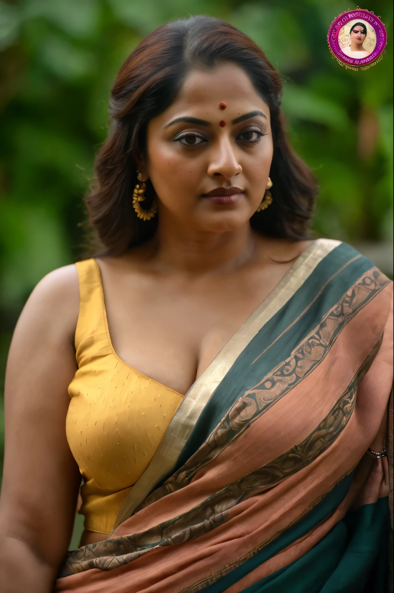 Looks like Sandeepa Dhar, a photo portrait of a beautiful girl 70 years old Woman, padosan aunty, aunti ji, mature aunty, mature beauty, Sexy milf, curvy hot mommy figure, fleshy figure, feminine curve, ethnic traditional Indian strapless Bra, saree without blouse, with curls, styled black hair, (face portrait:1.5), dramatic light, Rembrandt lighting scheme, bust shot, linen tank top, top quality editorial photograph, skin texture, skin pores, chocolate skin, high quality skin, top quality photography, professional photography, professional retouching, insane detailing, warm moody tones, modern clothes, highly detailed armpits, skin pores, skin texture, freckles 0.1,