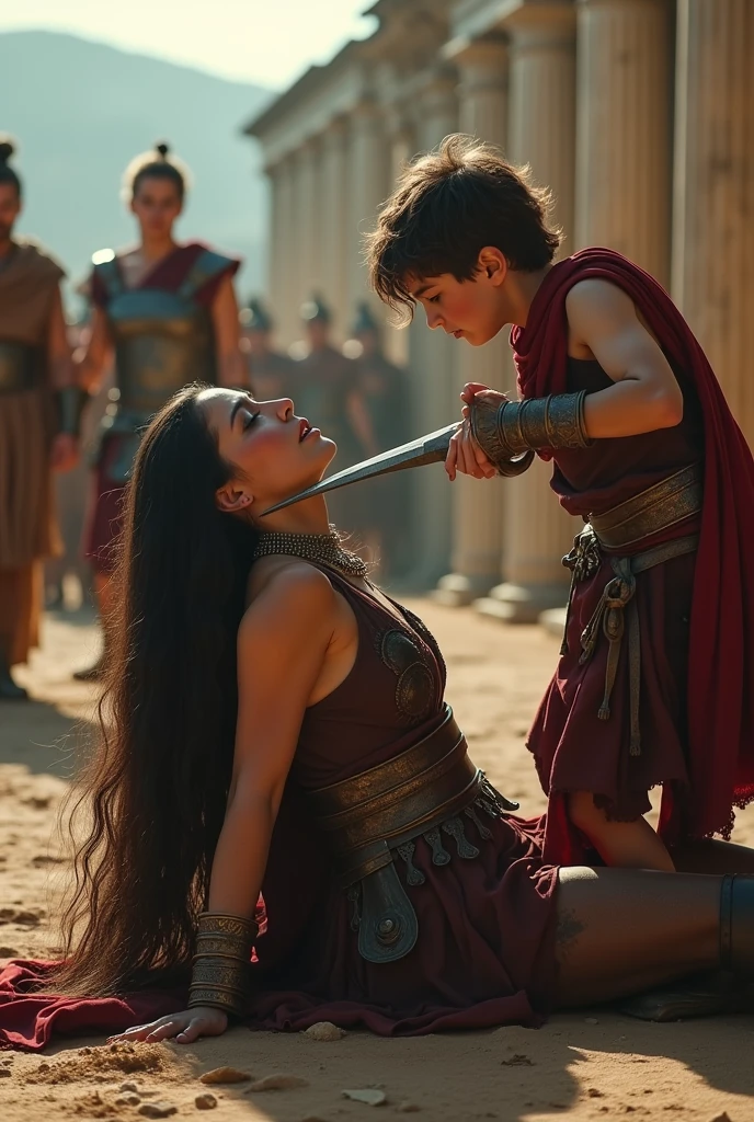 Realism, super quality, action battle photo style, defeated woman standing on her knees, her son is holding the the tip of the sword against woman's throat, stabbing her in the throat, her head is thrown back, woman has large masculine Adam's apple, (woman is a 30-year-old warrior, feminine face, throat cut, gothic makeup, pale skin, long hair) (son is 12-years-old) ancient Greece fight