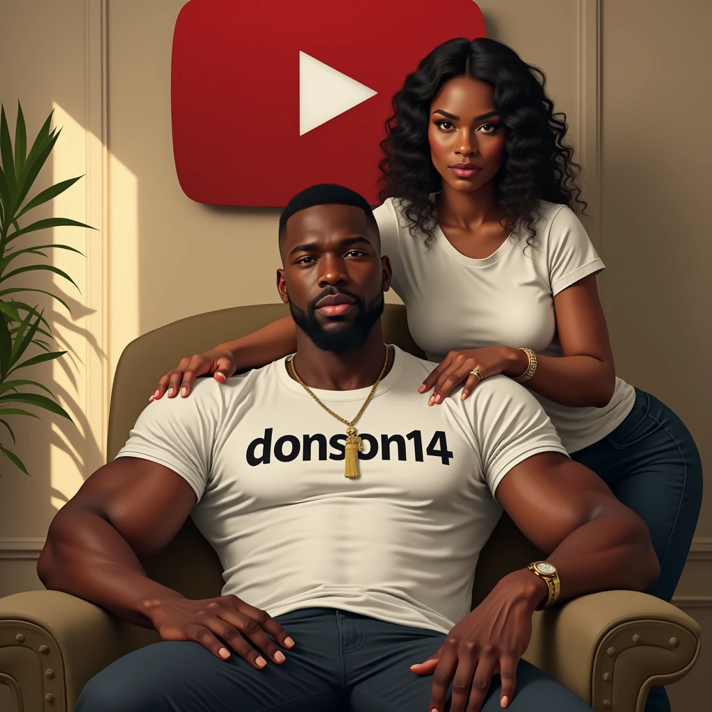 (photorealism:1.2), muscle black man, sitting on a chair, wearing a white T-shirt with DONSON14 WRITE ON it, pants, short hair, , soft lighting, YouTube in the background, with a beautiful woman standing in his black, relaxed pose, realistic, intricate details, warm colors, by Greg Rutkowski, by Alphonse Mucha
