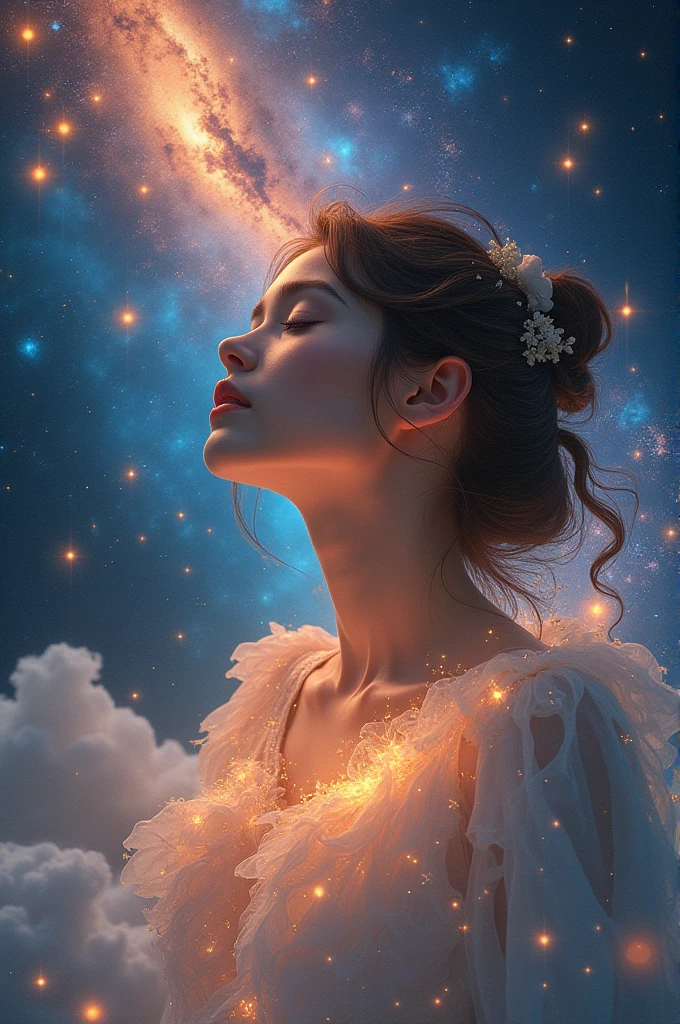 High Detail, Super Detail, Ultra-high resolution, Girl enjoying time in fantasy galaxy, Surrounded by stars, The warm light shines on her, Background is starry sky,There are colorful galaxies and galaxy clouds, Stars flew around her, Delicate face, Add a fun atmosphere ,