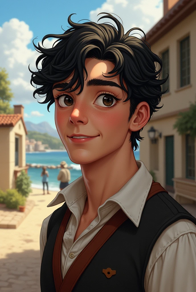 Now can u create a picture of Roy.. who living in Victorian era small seaside village.. he is 16 and he looks handsome and he has beautiful smile, black curls hair and black beautiful eyes.. please create it more realistic 