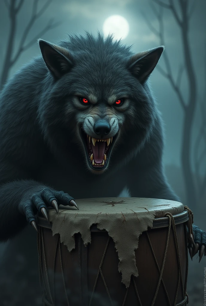 Werewolf showing only the head and teeth with a drum appearing