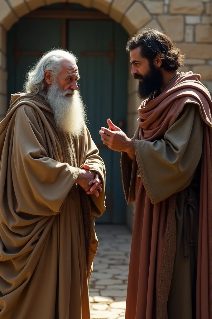 creates an image of a messenger telling an old man with a beard bad news. This man has an expression of despair and both wear clothes from biblical times.